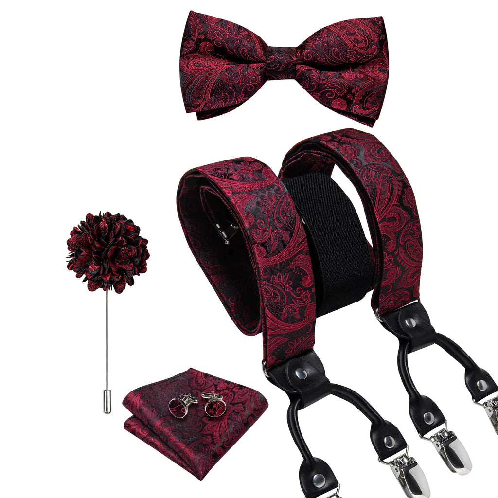 Luxury White Men's Suspenders Adjustable 6 Clips Braces DiBanGu Leather Metal Pre-Tied Bow Tie Brooch Pocket Square Set