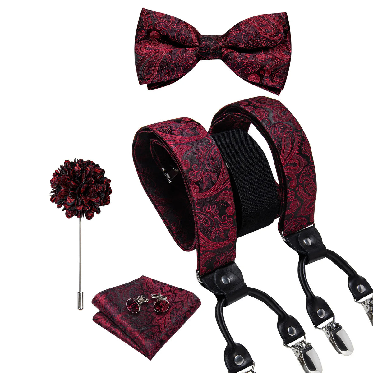 Luxury White Men's Suspenders Adjustable 6 Clips Braces DiBanGu Leather Metal Pre-Tied Bow Tie Brooch Pocket Square Set