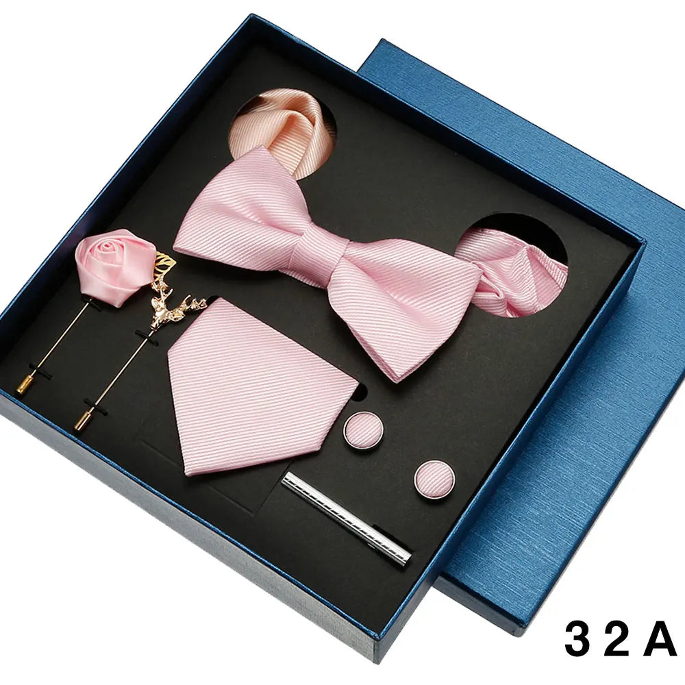 Men Tie Silk Necktie Man Bowtie Hanky Brooches Cufflinks and Tie Clip for Men Accessories Red Burgundy Wedding Tie Gifts Set