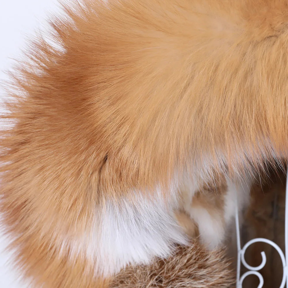 MAOMAOKONG 2026 Removable Real Fox Fur Collar Coats Woman Winter Jacket Hooded Rabbit Fur Lining Long Parkas Female Clothes