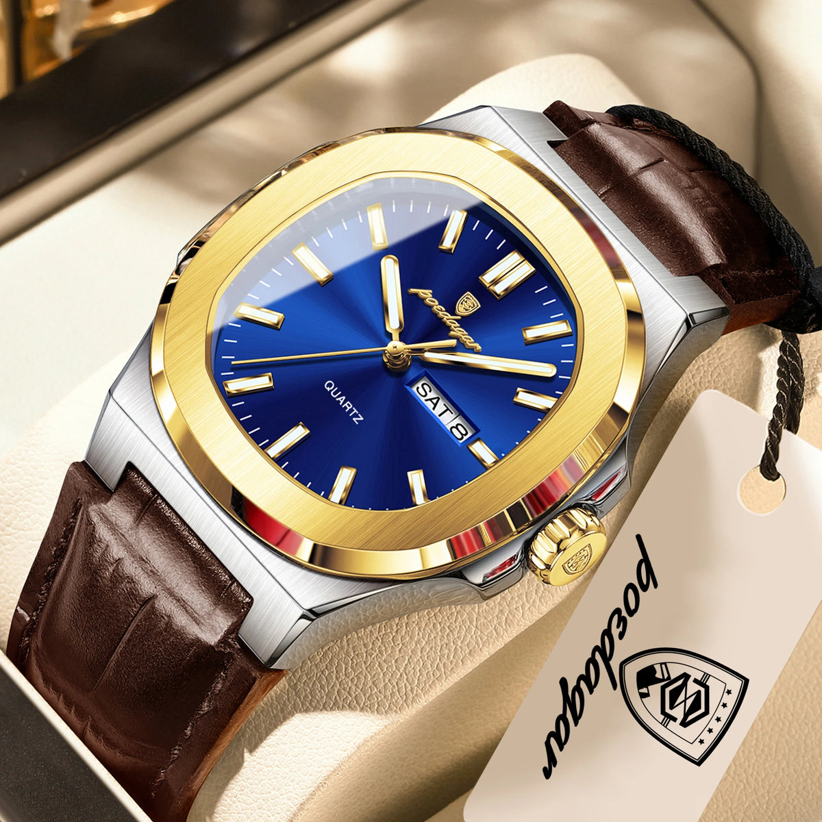 POEDAGAR Men's Fashion Leather Strap Waterproof Wristwatch