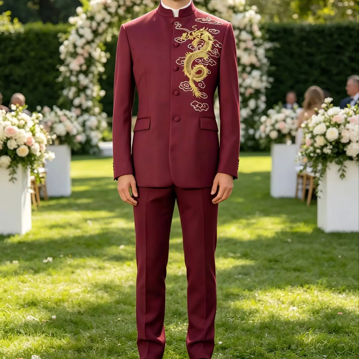 Herren Zhongshan-Anzug 2-teiliges Set Rot bestickt Wunschfarbe Festliches Outfit für Bräutigam Moderator Hochzeit Bühne Party Auftritt
