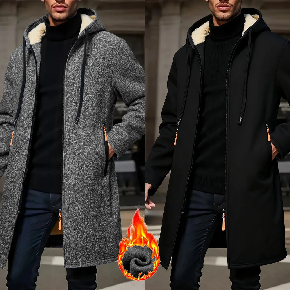 Men's Fleece-Lined Zipper Hooded Windbreaker Jacket Warm Winter Coat