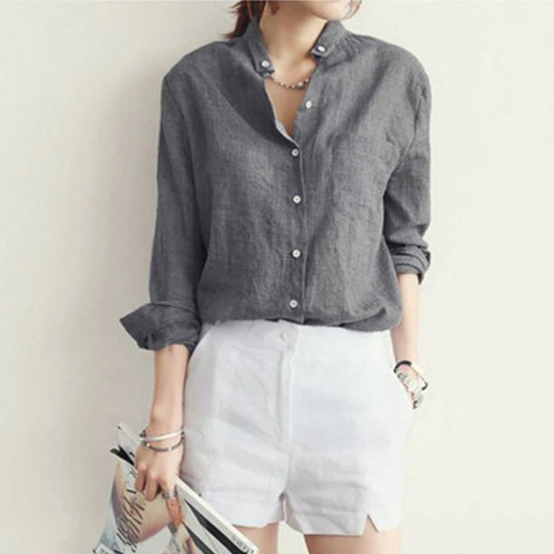 Chemisier décontracté pour femme, style coréen, automne 2022, en coton et lin, coupe ample et légère, manches longues, vintage, couleur unie