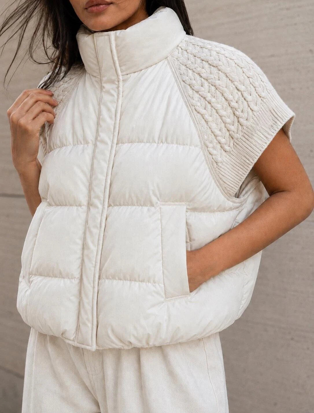 Women's Knitted Splicing Padded Sleeveless Vest with Stand Collar