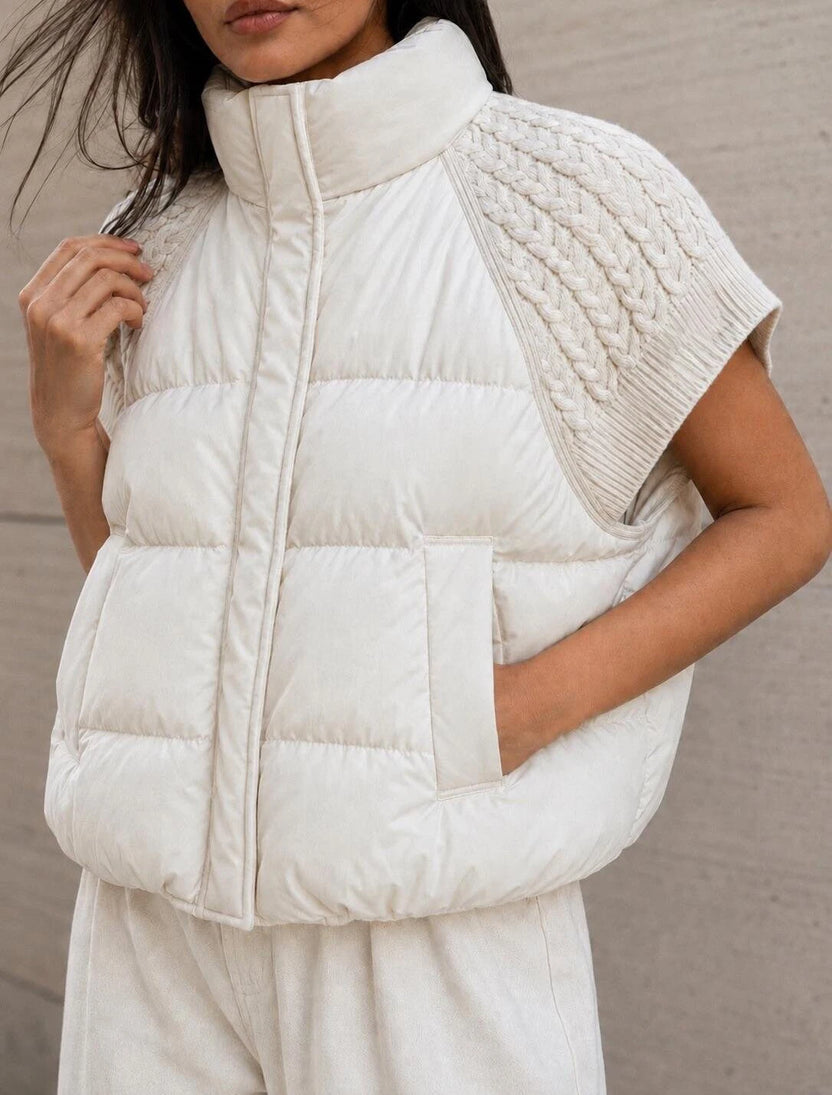 Women's Knitted Splicing Padded Sleeveless Vest with Stand Collar