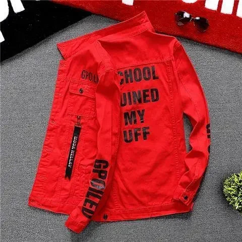 Jeans Coat for Men Hip Hop With Print Ripped Button Black Hole Denim Jackets Man Size L Large Lxury Worn Cowgirl Fast Delvery G