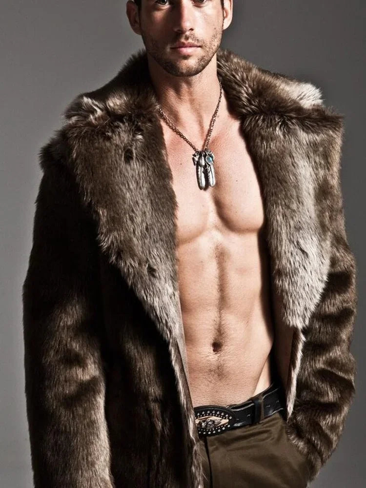 2020 Autumn and Winter Men's Faux Fur Large Lapel Fur Long Men's Faux Fur Jacket Fashion Thicken Men's Overcoat Mens Clothing