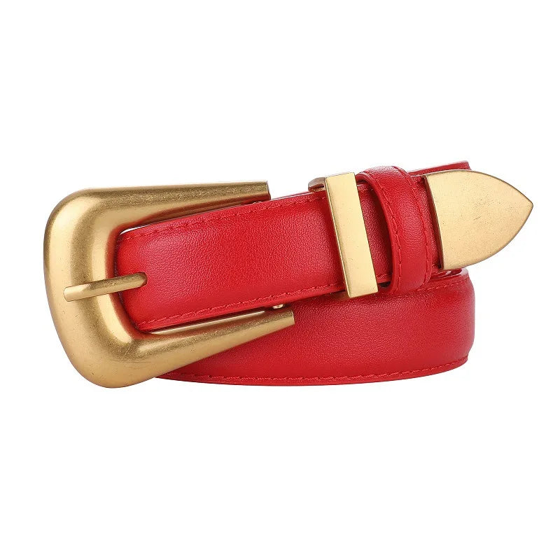 Cinturón de piel auténtica para mujer, cuero color burdeos con hebilla de metal dorado, cinturones de moda casual de lujo para vaqueros y vestidos