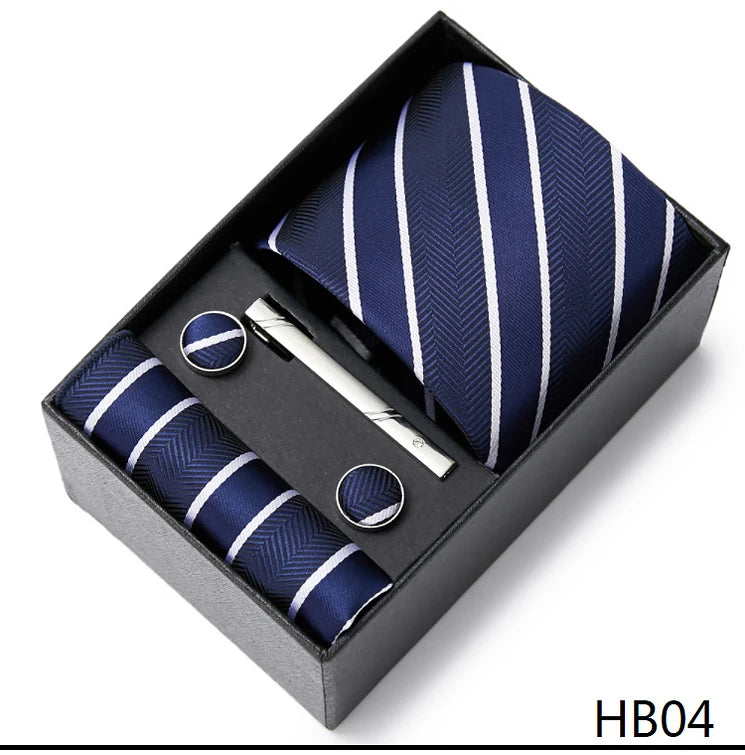 2023 Fashion 7.5 CM Width Tie Sets Black Men's Tie Hankerchiefs Cufflinks Clip Box Wedding Gift Handmade Necktie Work Clothing