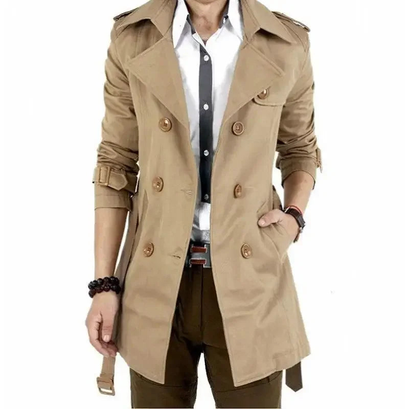 Chaqueta cortavientos para hombre estilo vintage, negro caqui, primavera otoño, gabardina de negocios, abrigo largo clásico retro de doble botonadura, grueso