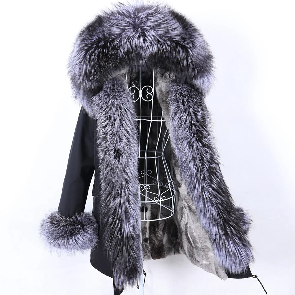 MAOMAOKONG 2026 Removable Real Fox Fur Collar Coats Woman Winter Jacket Hooded Rabbit Fur Lining Long Parkas Female Clothes