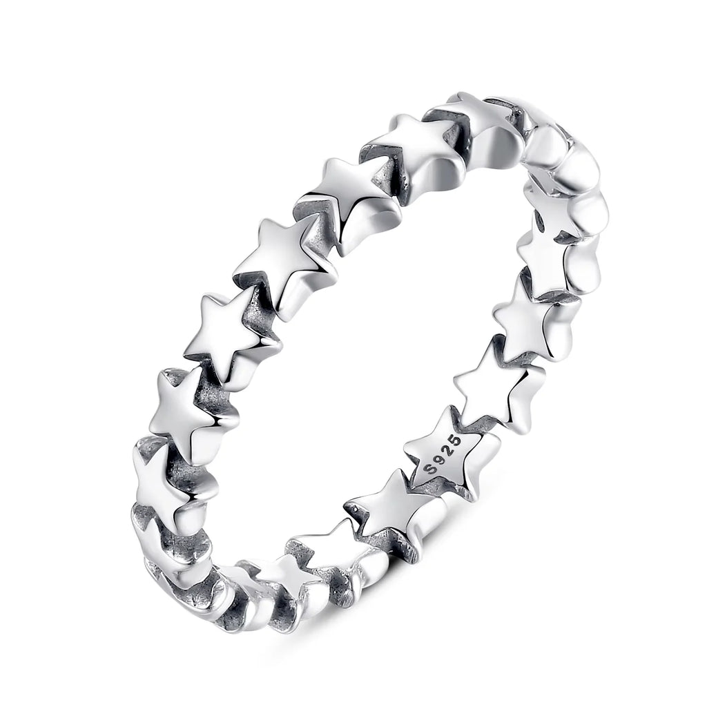 BAMOER Genuine 925 Sterling Silver Stackable Ring Heart Black CZ Finger Rings for Women Wedding Anniversary Jewelry Anel SCR140