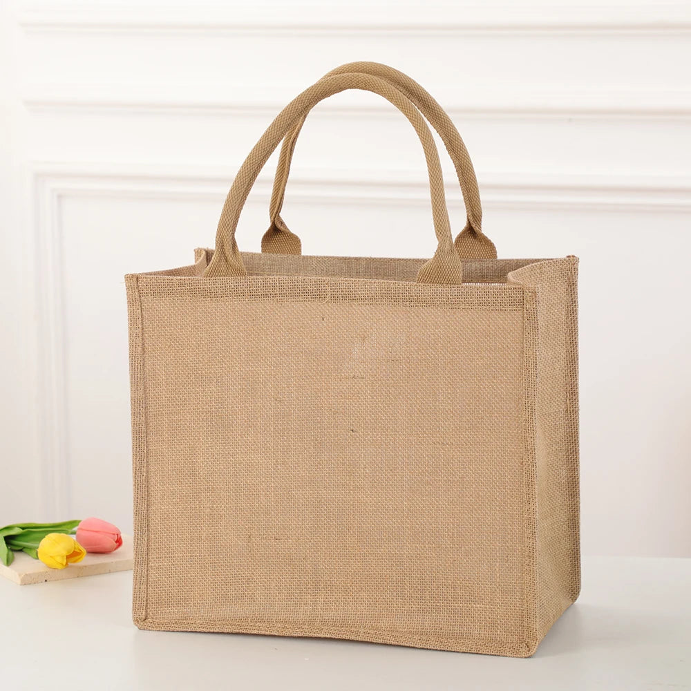 Women's Jute Tote Bag Large Capacity Shopping Bag Travel Storage Bag Open Mouth Men's Handbag