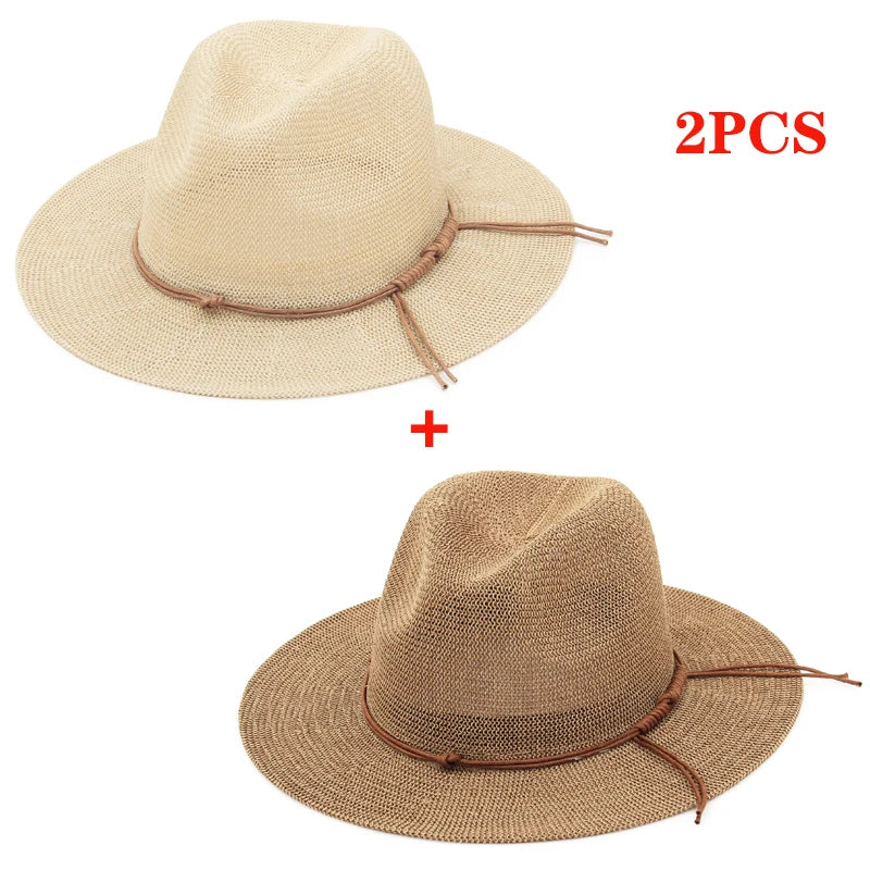GEMVIE New Summer Hat Panama Hats Hollow Out Straw Hat for Men Women Leather Ribbon Large Brim Sun Beach Hat Jazz Cap Fedora