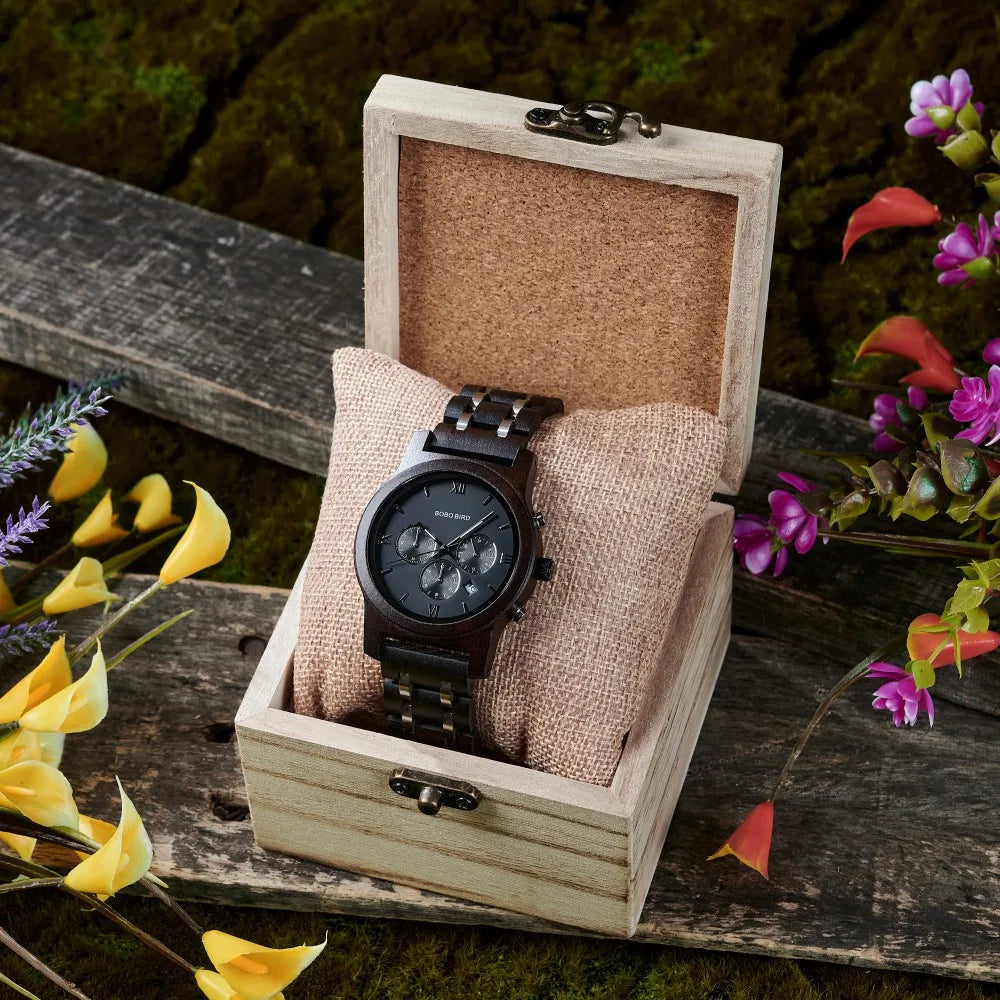BOBO BIRD Luxury Watch Men Metal Wooden Chronograph Man's Quartz Wristwatch Male Auto Date Clock Armbanduhr Custom Logo