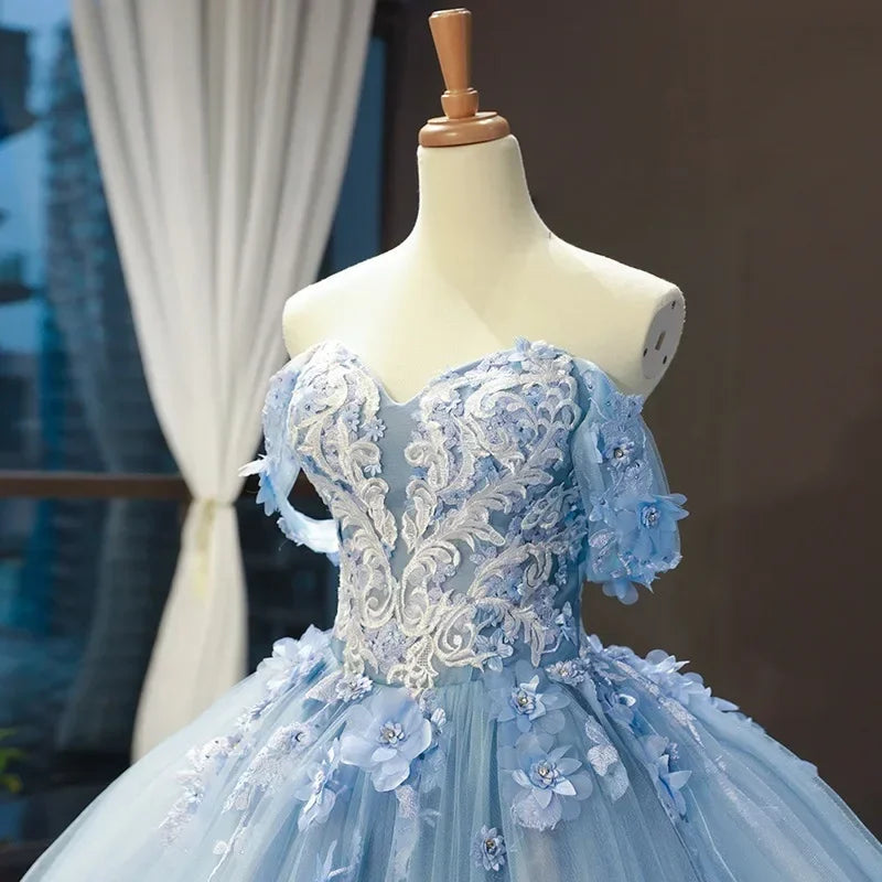 Blue Quinceanera Dresses New Classic Off the Shoulder Princess Prom Dress Lace Appliques Ball Gown With Small Train Custom Size