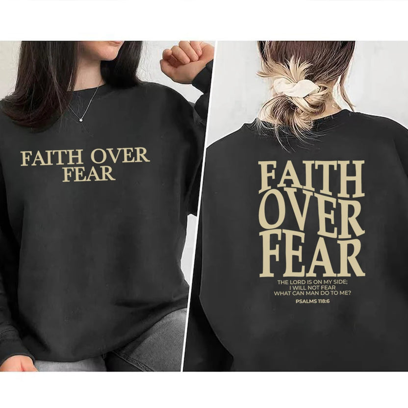Bluza z napisem Faith Over Fear chrześcijańska bluza z kapturem modny sweter cytat z Biblii religijna bluza bez kaptura topy z motywem Jezusa i wiary