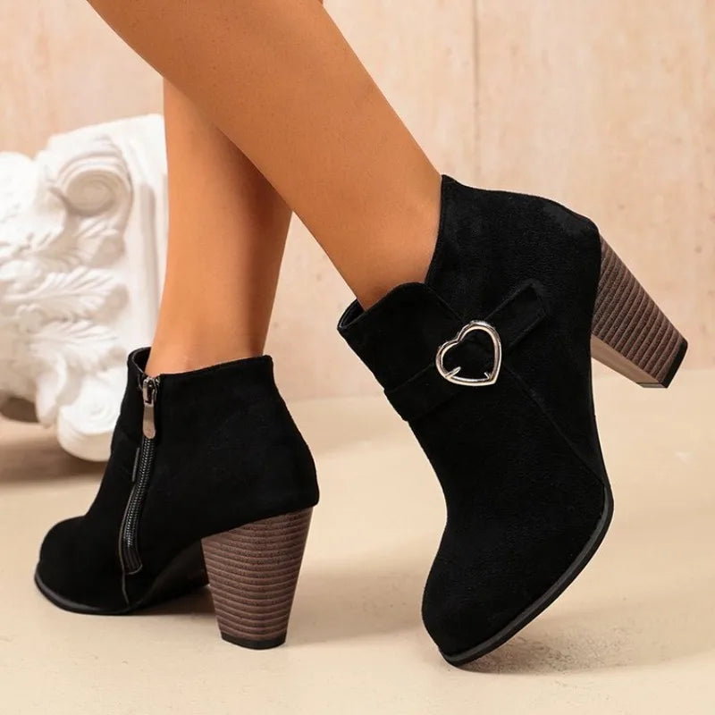 Women's Suede-Look Ankle Boots Round Toe Block Heel Side Zipper