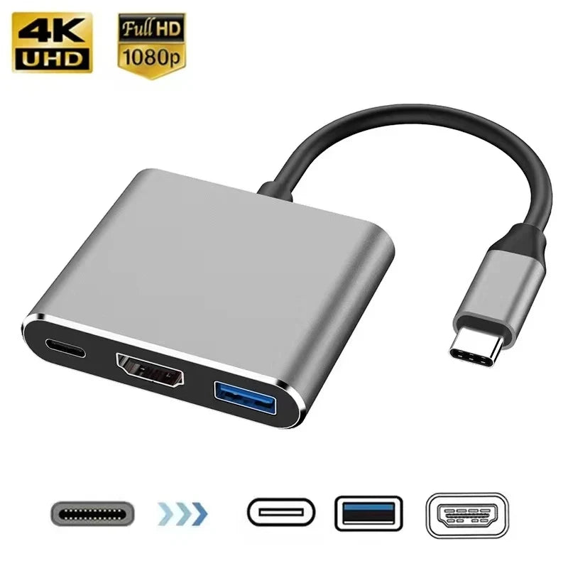 Concentrador USB-C 3 en 1 con HDMI 4K, USB 3.0 y puerto de carga