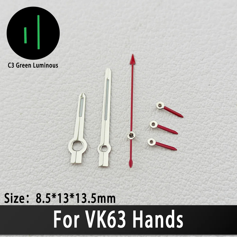 Agujas VK63 de alta calidad, manecillas de carreras para reloj VK63, manecillas de reloj con luminiscencia verde C3, piezas de relojes para hombre con movimiento de cuarzo VK63