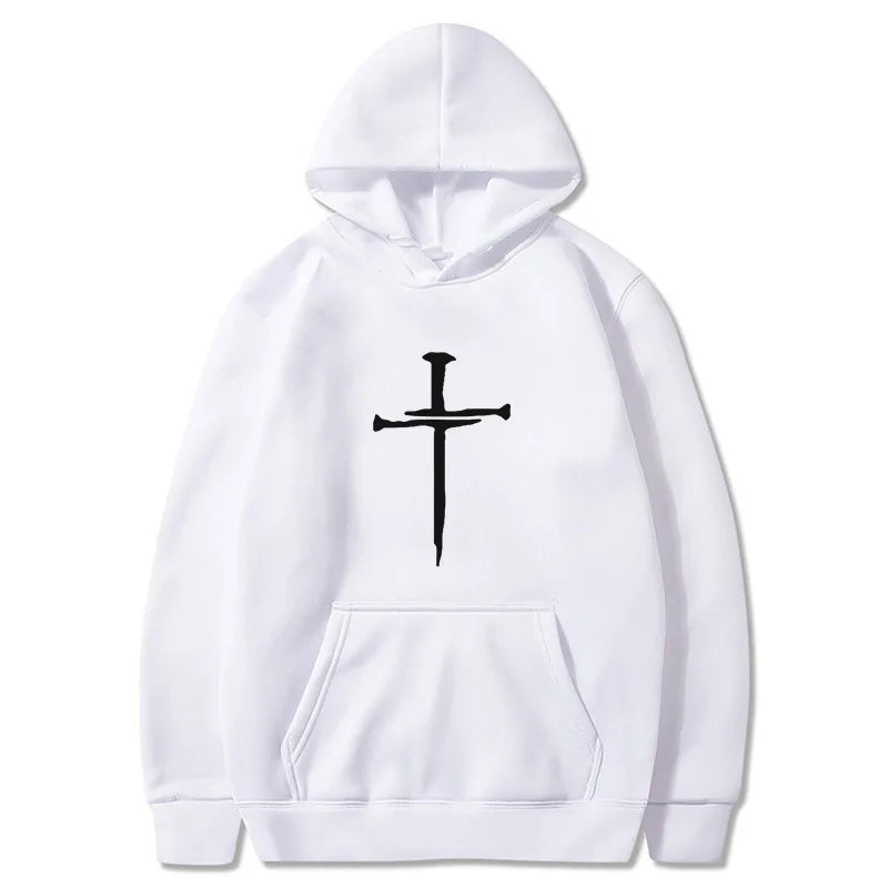 Men's Cross Graphic Hoodie - Black Casual Pullover Sweatshirt With Religious Symbol Print, Fashion Streetwear for Autumn/Winter
