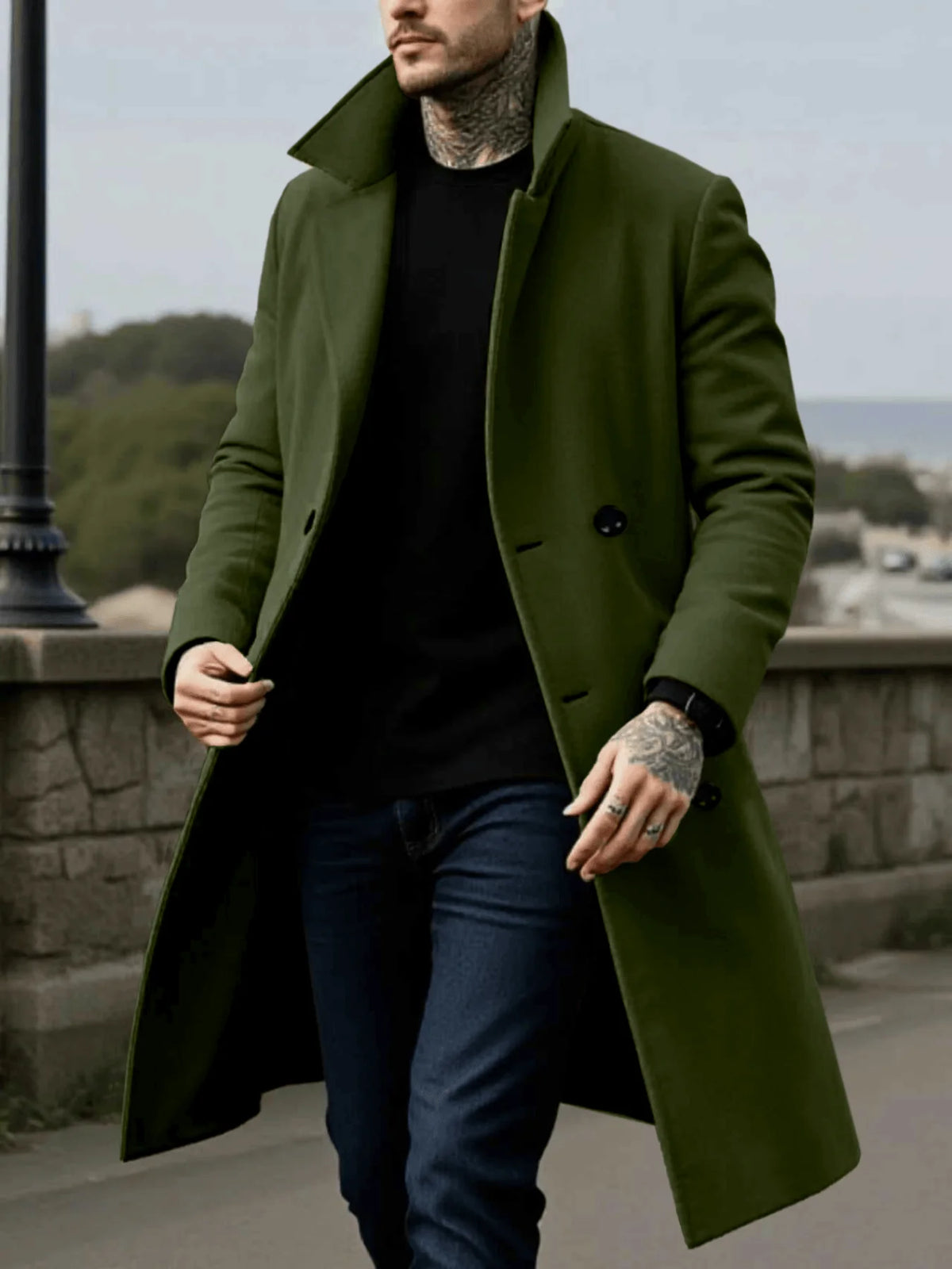 Men's Woolen Double Breasted Mid-Length Winter Coat with Lining
