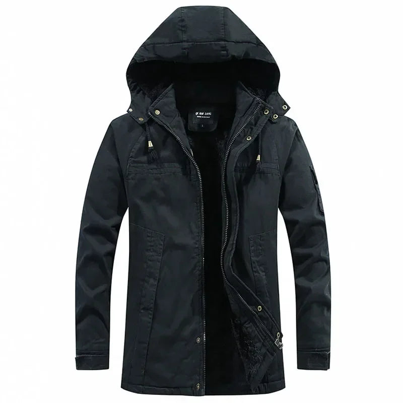 Męska kurtka parka w stylu militarnym, wiatroszczelna z kapturem, z bawełny typu washed, ocieplana grubym polarem, ciepła kurtka zimowa typu varsity w stylu casual, nowość