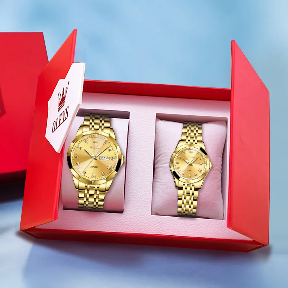 OLEVS Couple Watches Rhombus Mirror Luxury Original Quartz Men and Women Wristwatch Waterproof Luminous Date Week His and Her