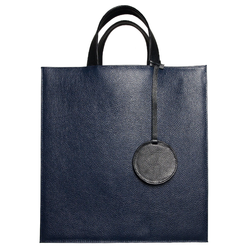 Pebbled Leather Briefcase Tote Bag Navy