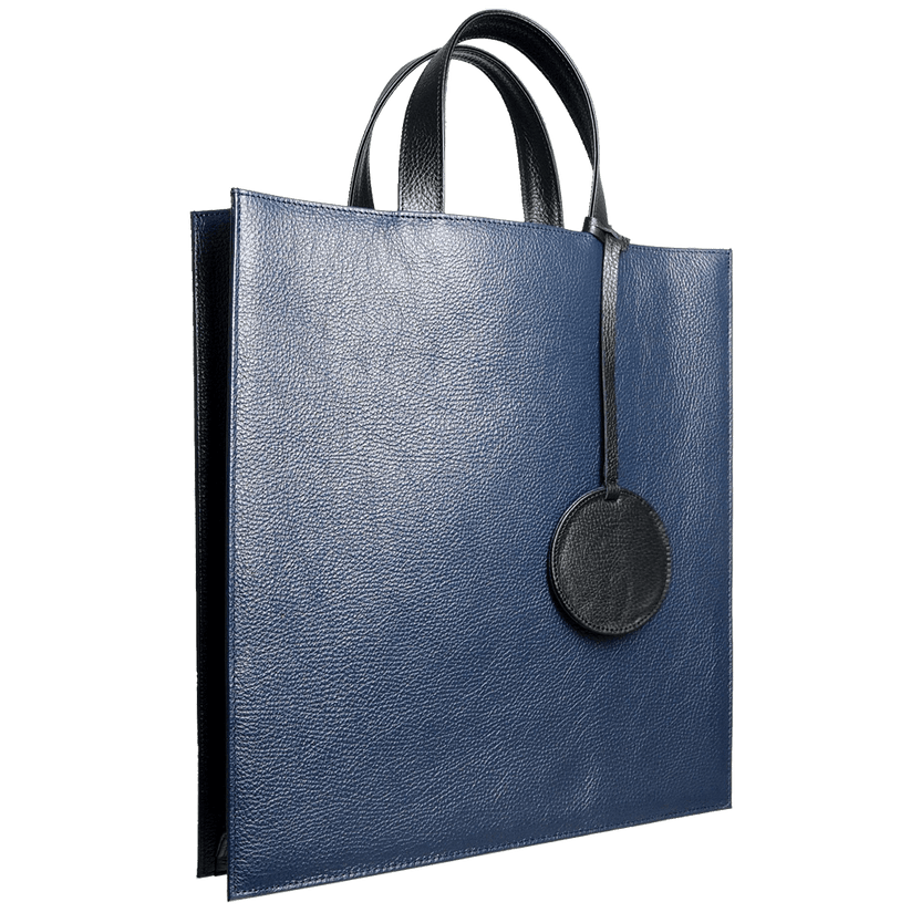 Pebbled Leather Briefcase Tote Bag Navy