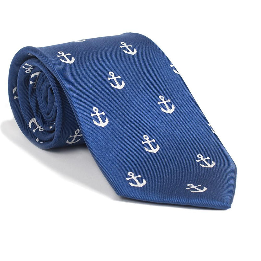 Corbata con estampado de anclas - Azul marino, seda estampada