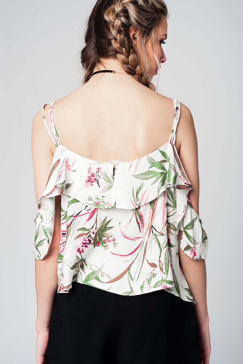 Top With Cold Shoulder and Green Leaves Print