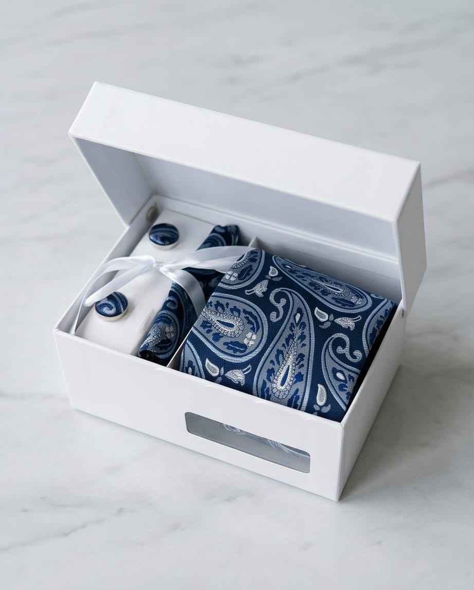 Navy Paisley Tie Set With Matching Pocket Square & Cufflinks