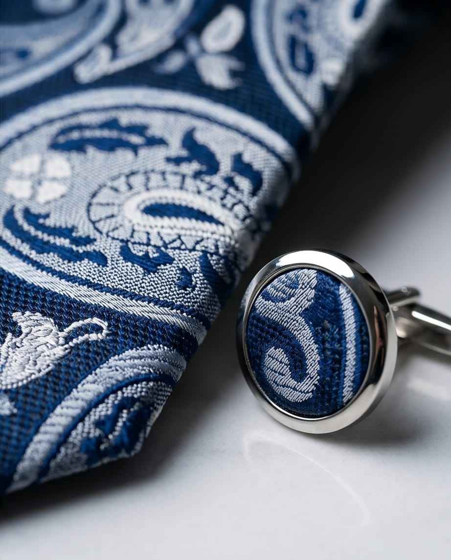 Navy Paisley Tie Set With Matching Pocket Square & Cufflinks