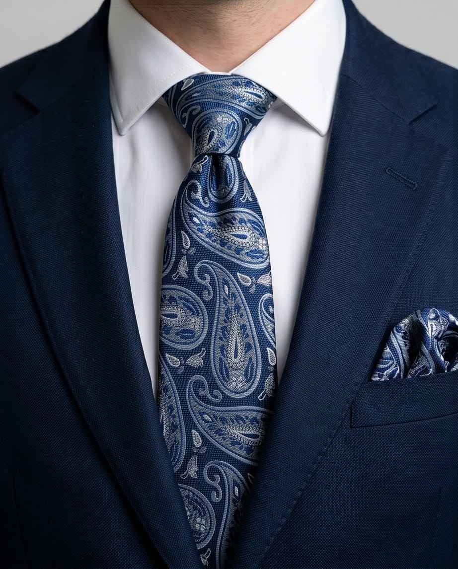 Set de corbata con estampado de cachemira azul marino, pañuelo de bolsillo y gemelos a juego