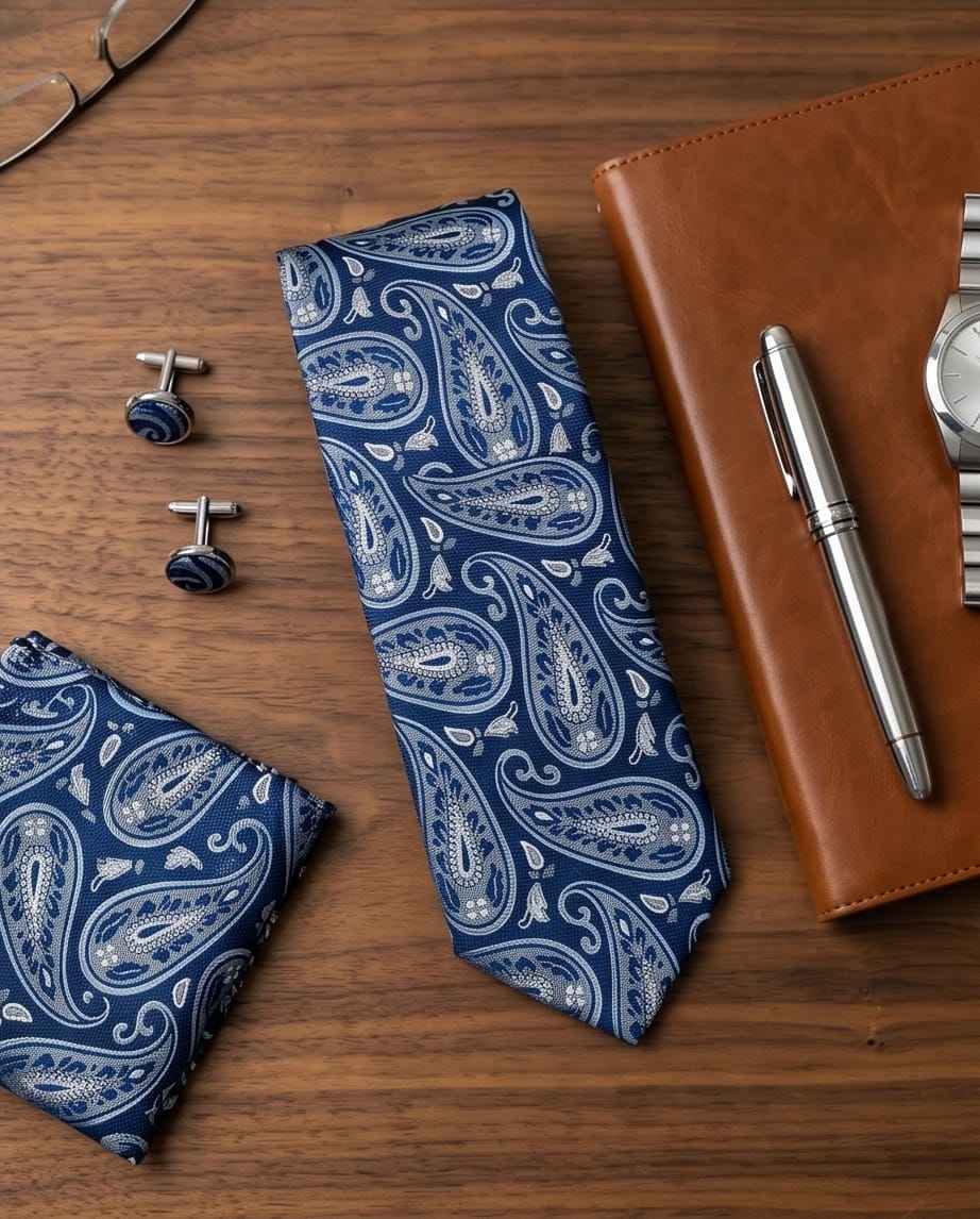 Navy Paisley Tie Set With Matching Pocket Square & Cufflinks