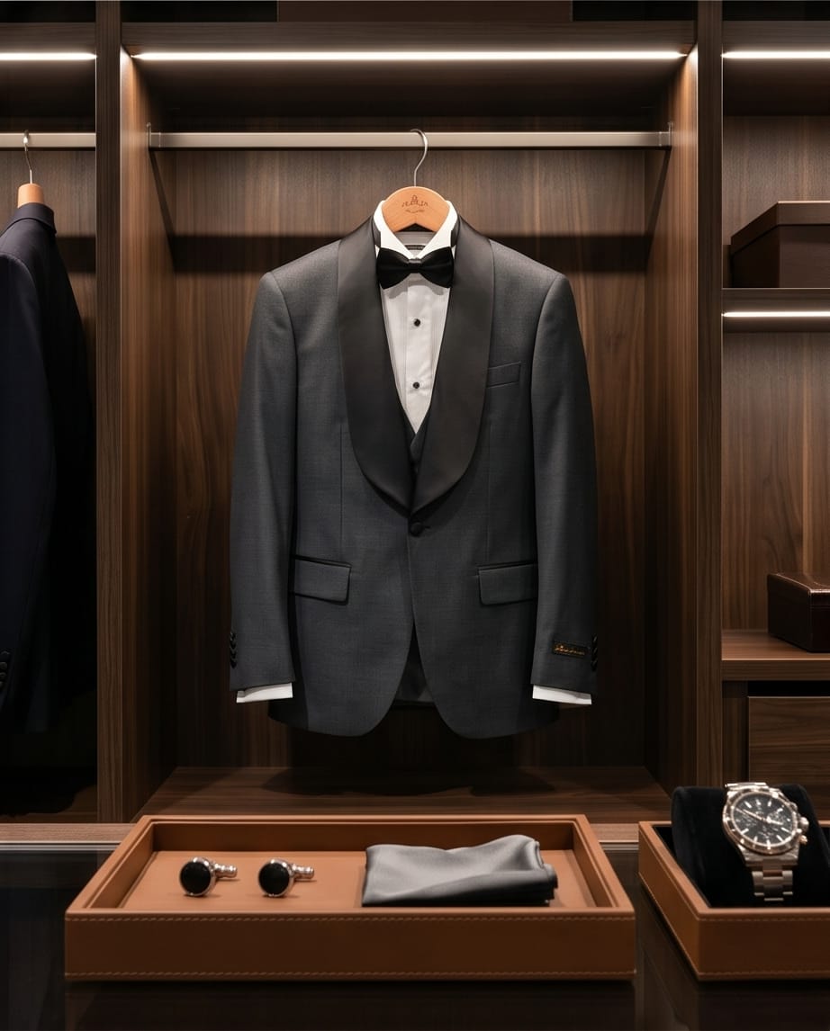 Men’s Slim Fit Wool-Blend Tuxedo With Satin Shawl Lapels – Charcoal