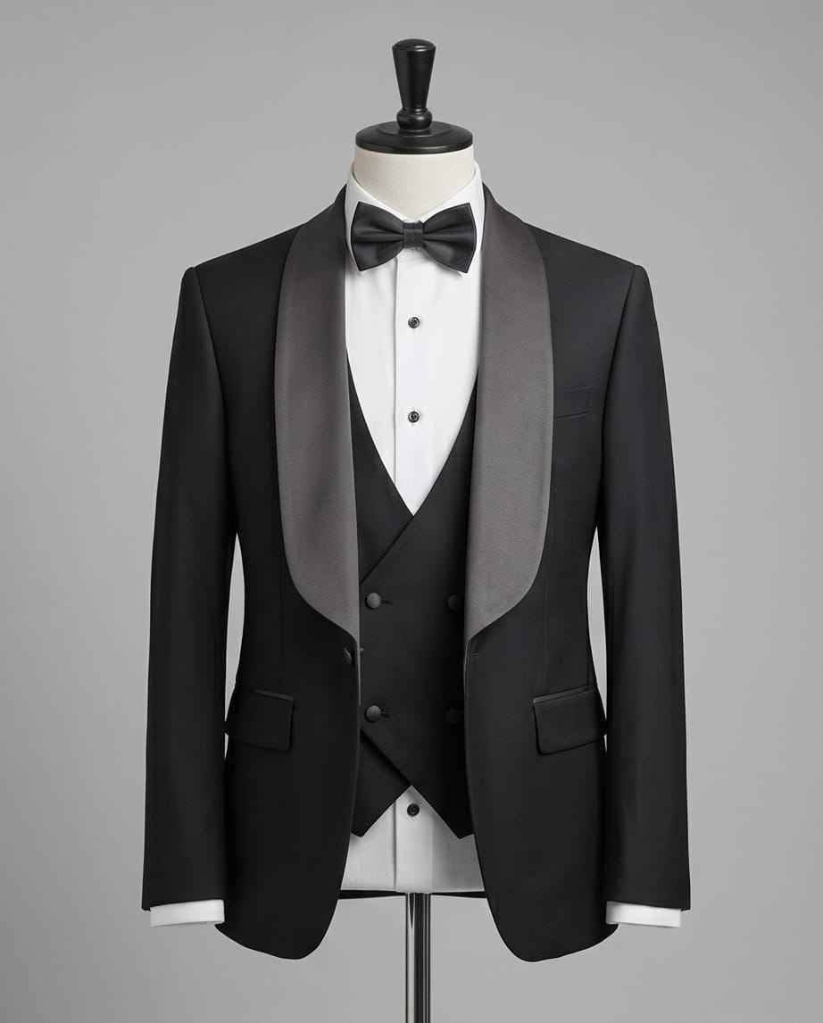 Classic Black Shawl Collar Tuxedo With Double-Breasted Vest