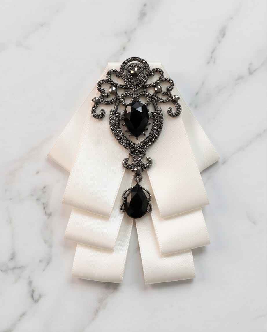 Ivory Elegance Bow Tie With Onyx-Style Gem
