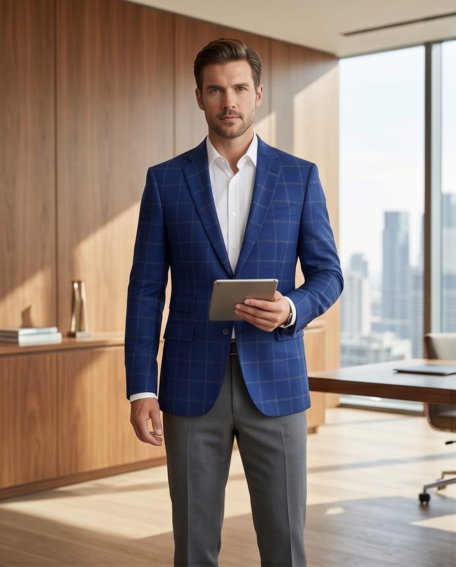 Royal Blue Windowpane Check Blazer