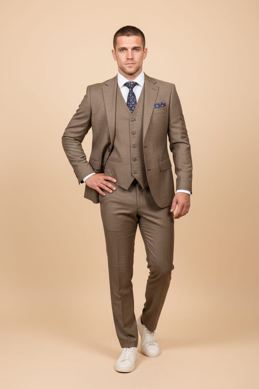 Men’s Slim Fit 3-Piece Wool-Blend Suit – Light Brown
