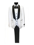 White 3-Piece Tuxedo With Black Shawl Lapel