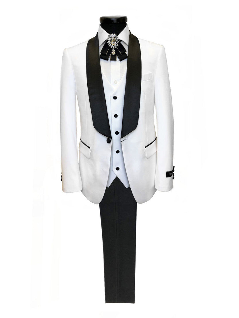 White 3-Piece Tuxedo With Black Shawl Lapel