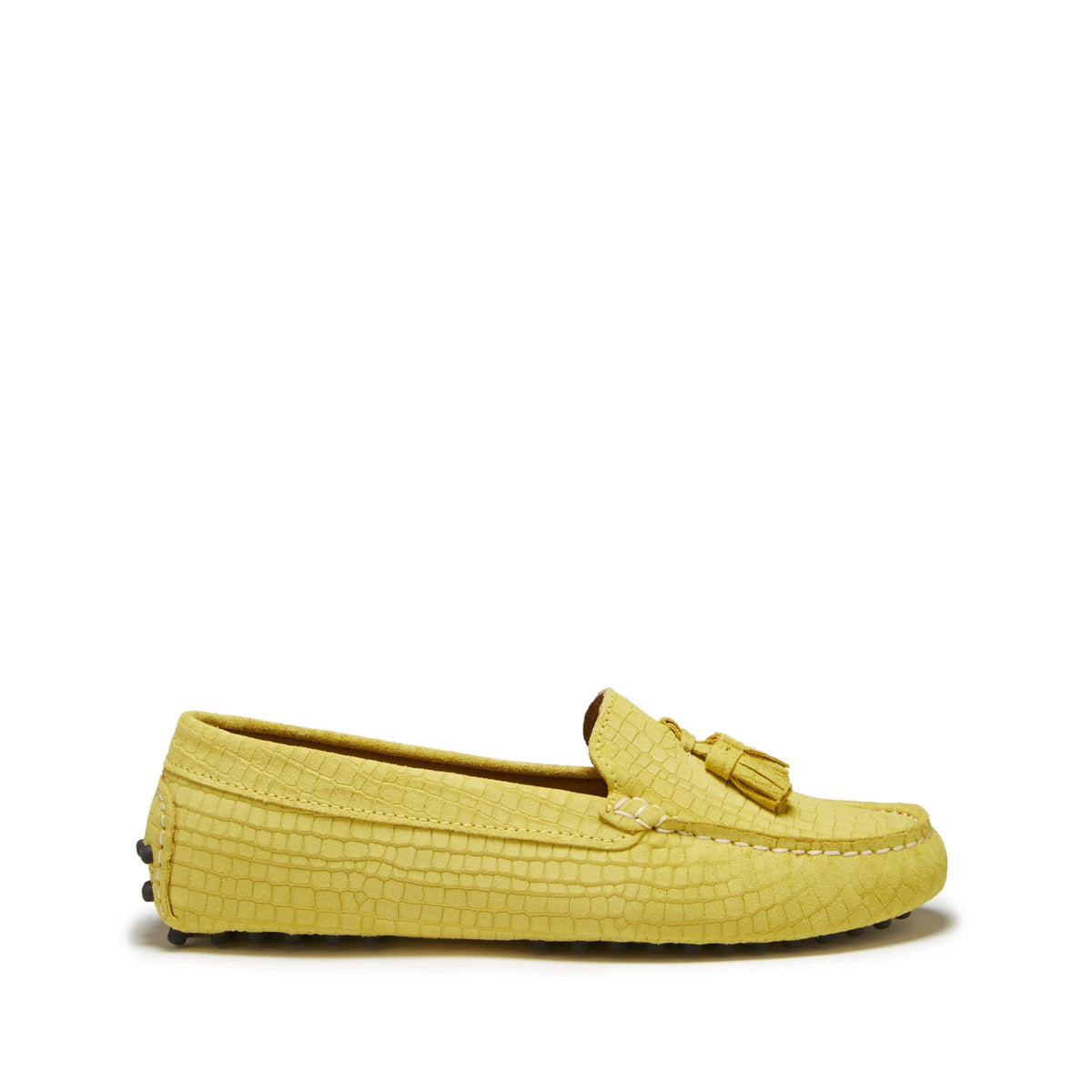 Mocasines de conducción con  borlas para mujer, ante grabado amarillo