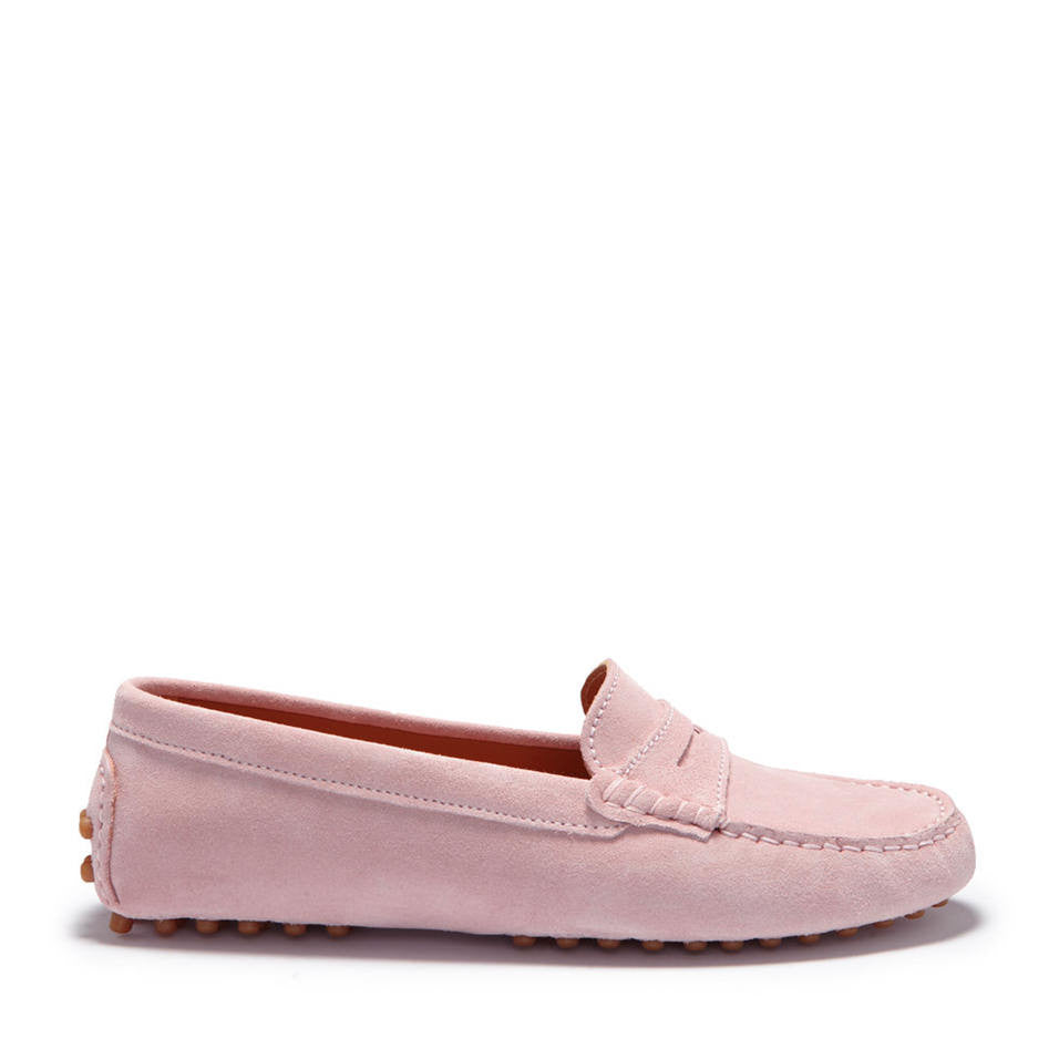 Damskie mokasyny typu penny loafers, zamszowe, pudrowy róż