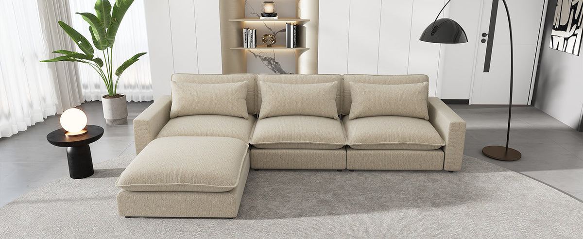 128" Sectional Sofa Cloud Sofa Chenille Upholstered Sofa  Couch With Movable Ottoman, Comfortable Seat Cushions, Chargin