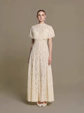 Cream Floral Lace Cape Overlay Maxi Dress