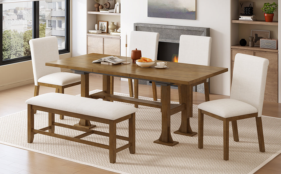 Farmhouse 76inch 6-Piece Extendable Dining Table Set Trestle Kitchen Table Set With 18inch Removable Leaf and Upholstere