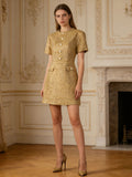 Gold Tweed Mini Dress, Pearl Button Short Sleeve Elegant Party Dress